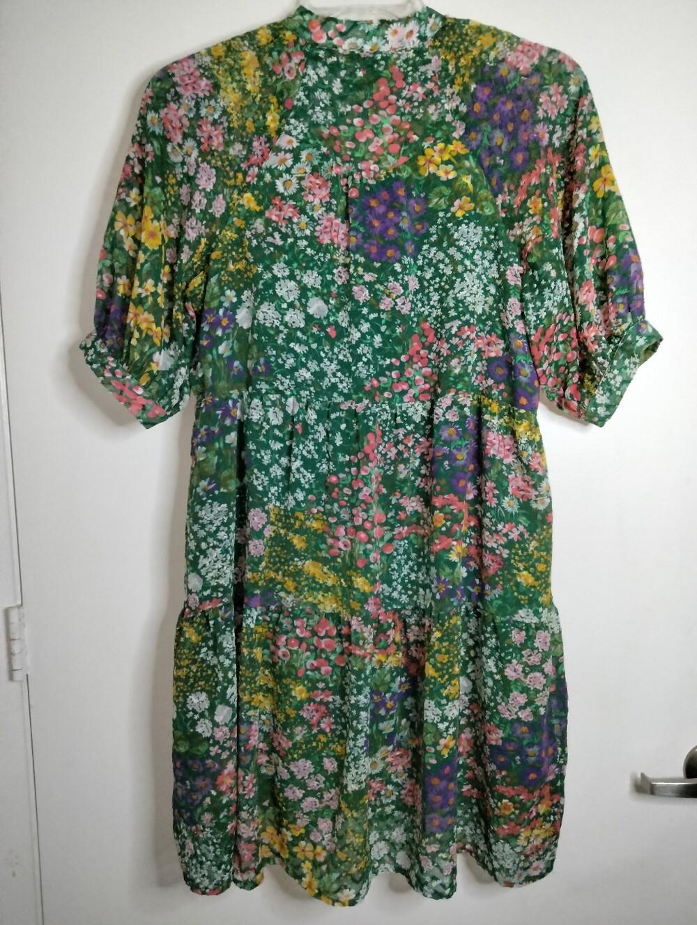 Maeve (Sz M) Multicolor Floral V-Neck Semi-sheer SS Tiered Skirt Hem Midi Dress - Picture 9 of 16